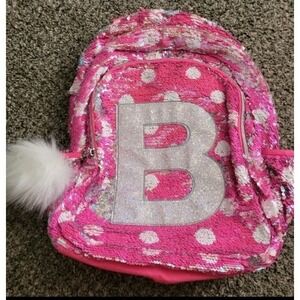 ​Justice Girls Backpack Pink Flip Sequin Initial B Bookbag with Pom Pom Keychain